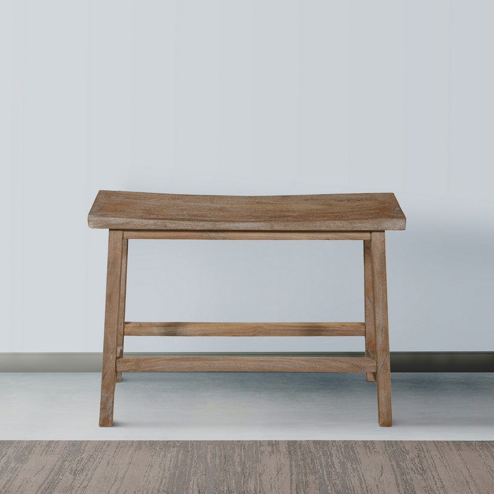 33 Inch Saddle Seat Bench with Angled Frame, Sandblasted Antique Brown Acacia Wood By The Urban Port