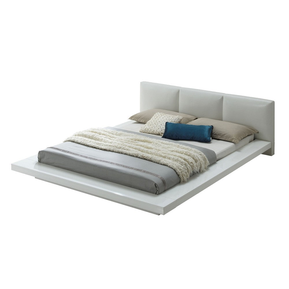 Platform Style Eastern King Size Bed with Leatherette Headboard, White