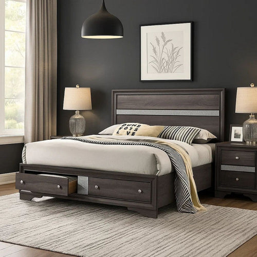 Panel Design Eastern King Bed with Silver Accents and Bracket Feet, Gray