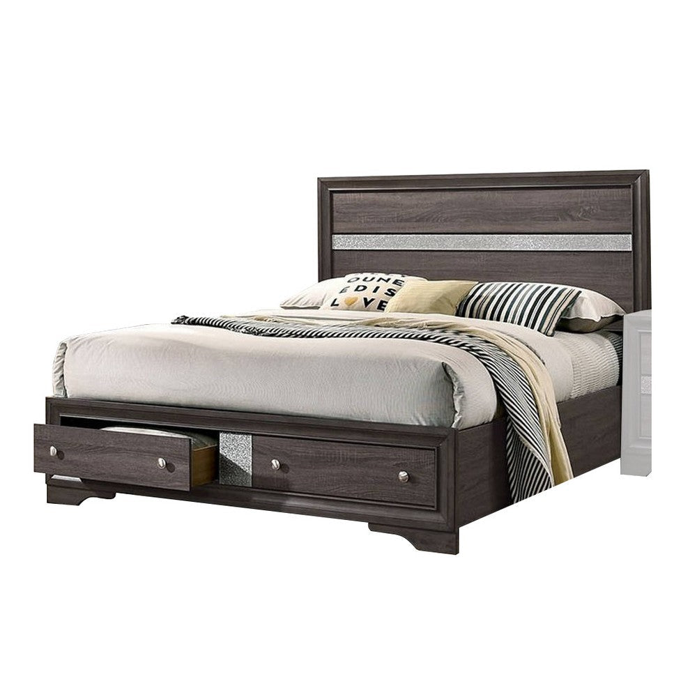 Panel Design Eastern King Bed with Silver Accents and Bracket Feet, Gray