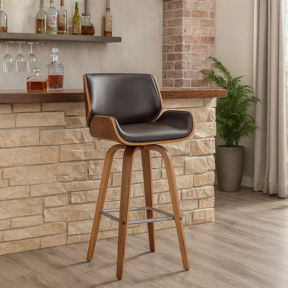 Barstool | Wood Swivel | Faux Leather Seat | Bar Height | Black & Brown