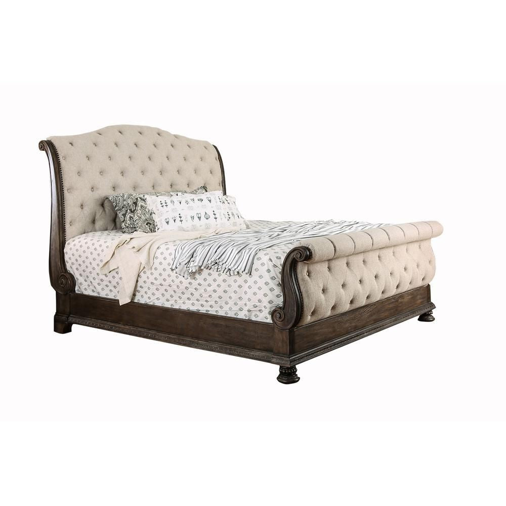 California King Bed with Sleigh Headboard and Footboard, Brown and Beige By Casagear Home