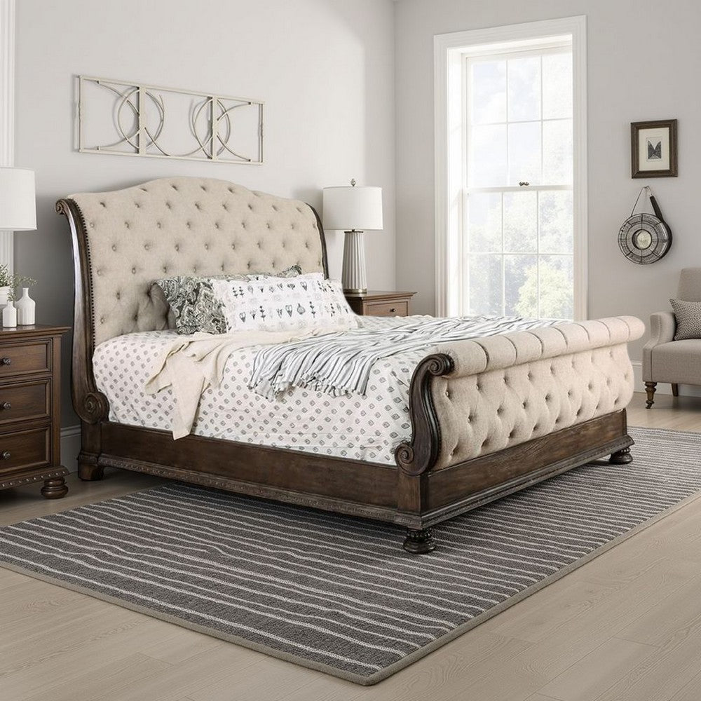 King Bed | Sleigh Headboard & Footboard | Brown & Beige