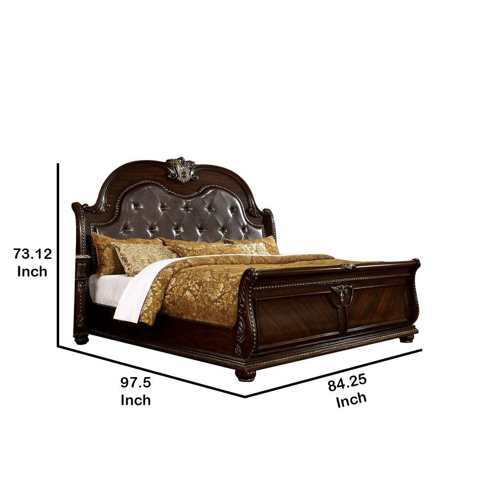 California King Bed with Button Tufted Headboard and Sleigh Footboard,Brown By Casagear Home BM214537