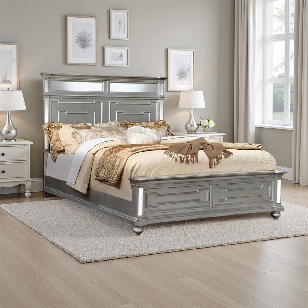 California King Bed with Mirror Paneled Headboard and Footboard, Silver