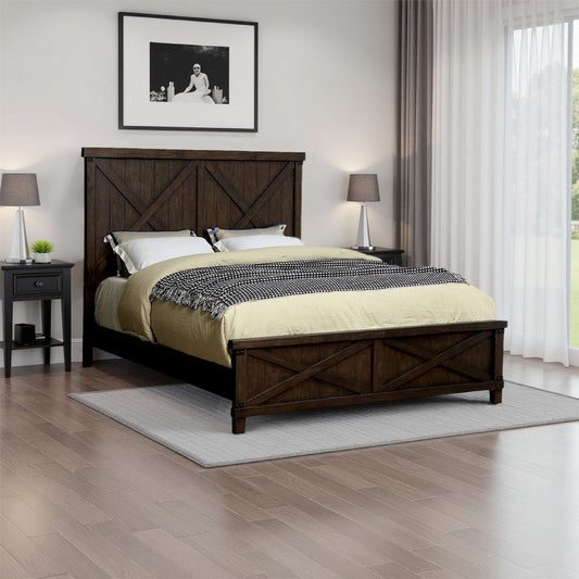 California King Bed with Plank Style X Shaped Details, Dark Brown