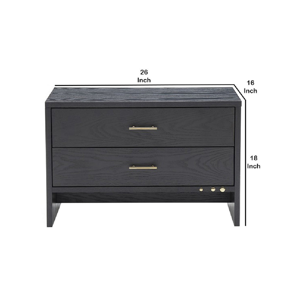 2 Drawer Wooden Nightstand with Brass Handles, Gray By Casagear Home