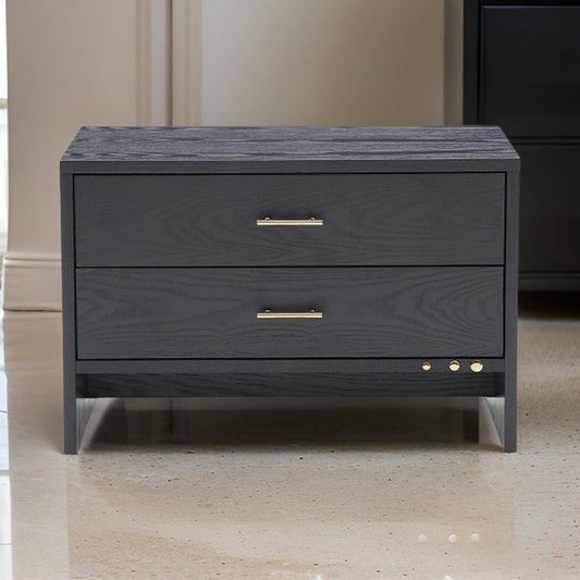 2 Drawer Wooden Nightstand with Brass Handles, Gray By Casagear Home