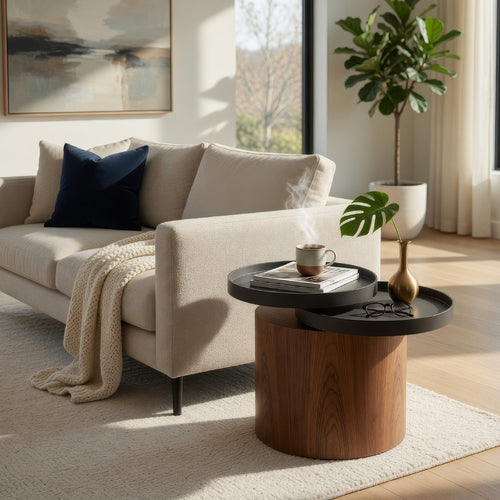 End Table | Cylindrical Wood | Swivel Tray Top | 18" | Brown & Black