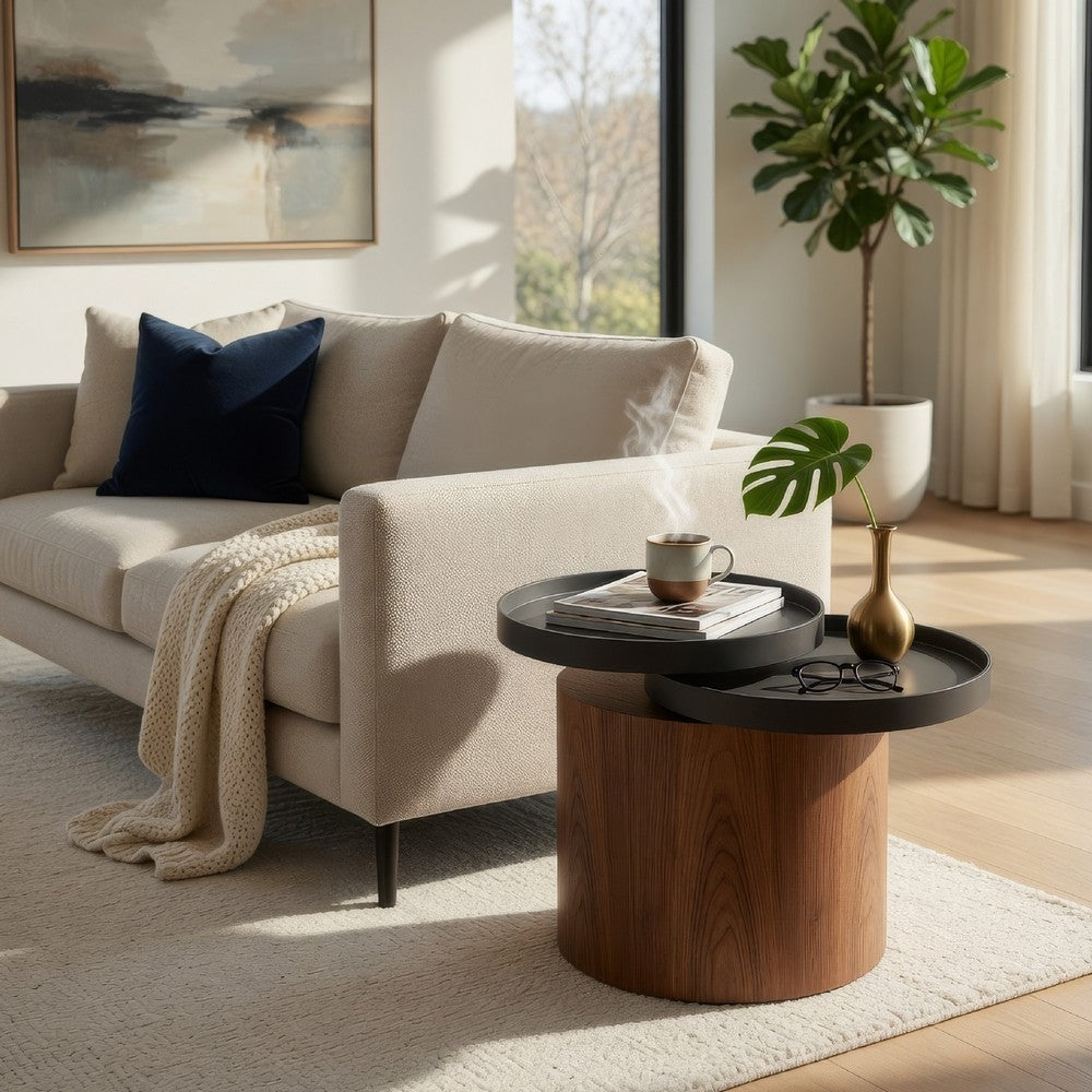 End Table | Cylindrical Wood | Swivel Tray Top | 18" | Brown & Black