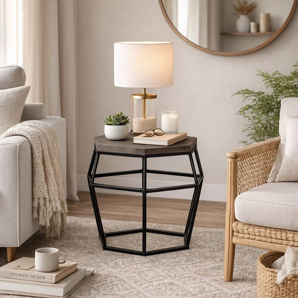 End Table | Hexagonal Concrete | Metal Base | 20" | Gray & Black