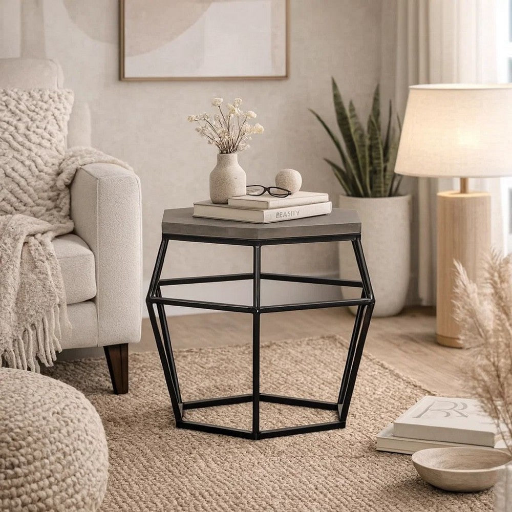 End Table | Hexagonal Concrete | Metal Base | 20" | Gray & Black