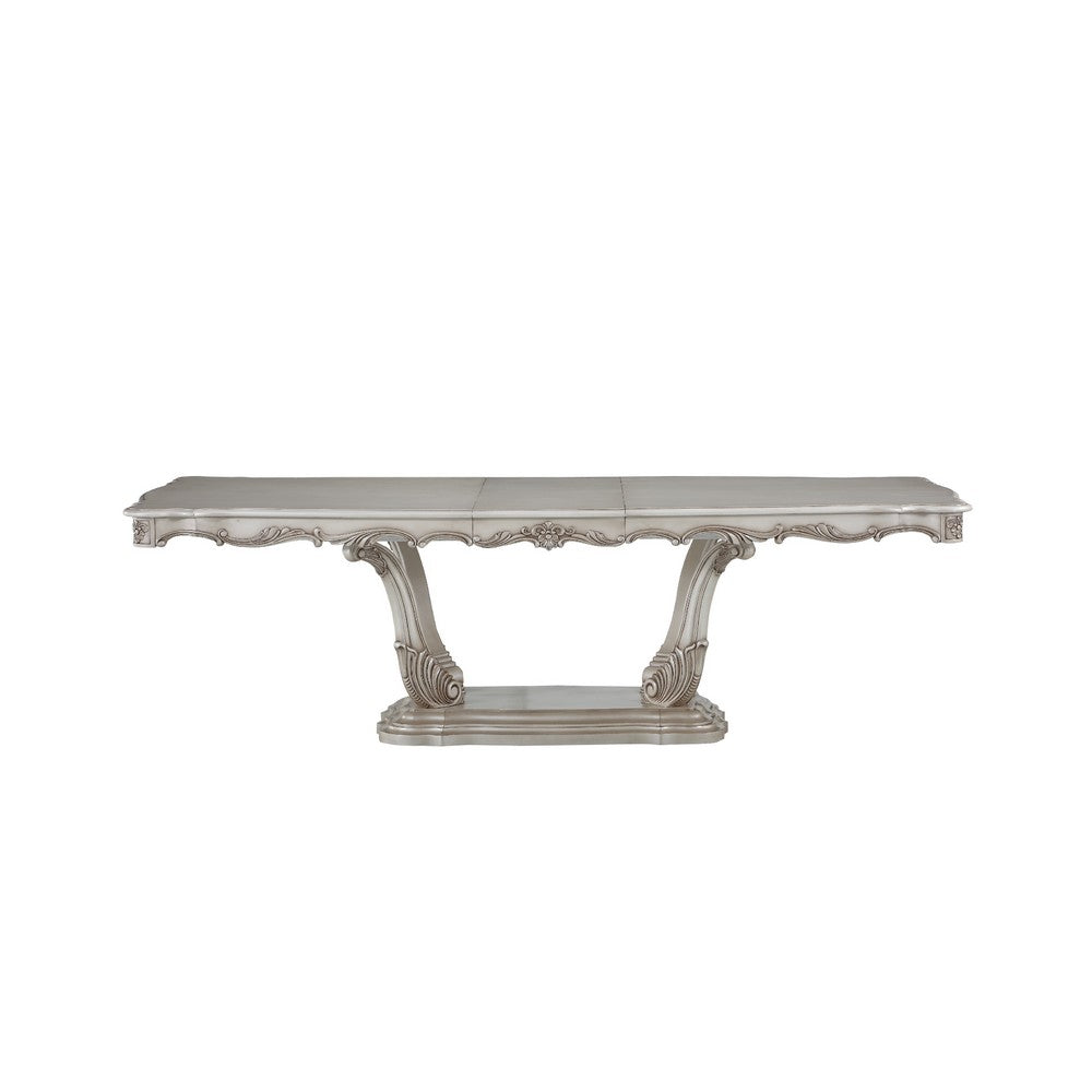 Traditional Style Dining Table with Scrolled Floral Motifs, Cream