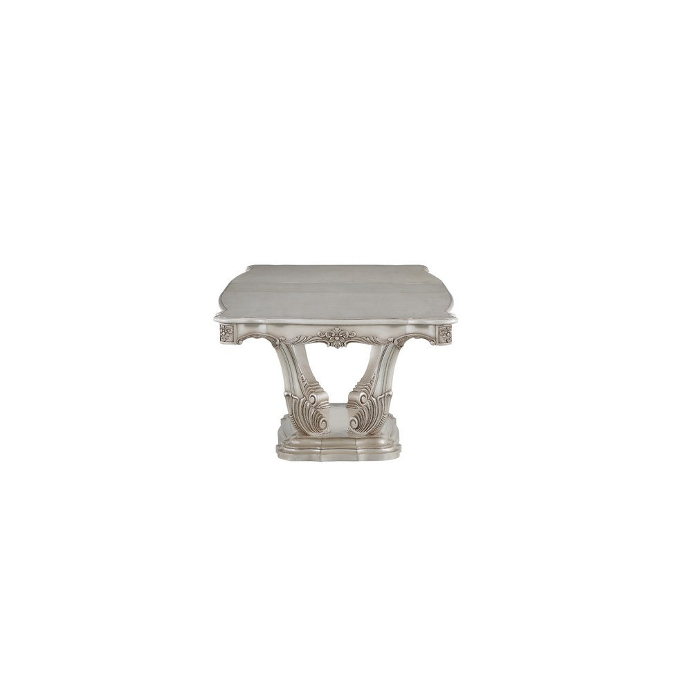 Traditional Style Dining Table with Scrolled Floral Motifs, Cream