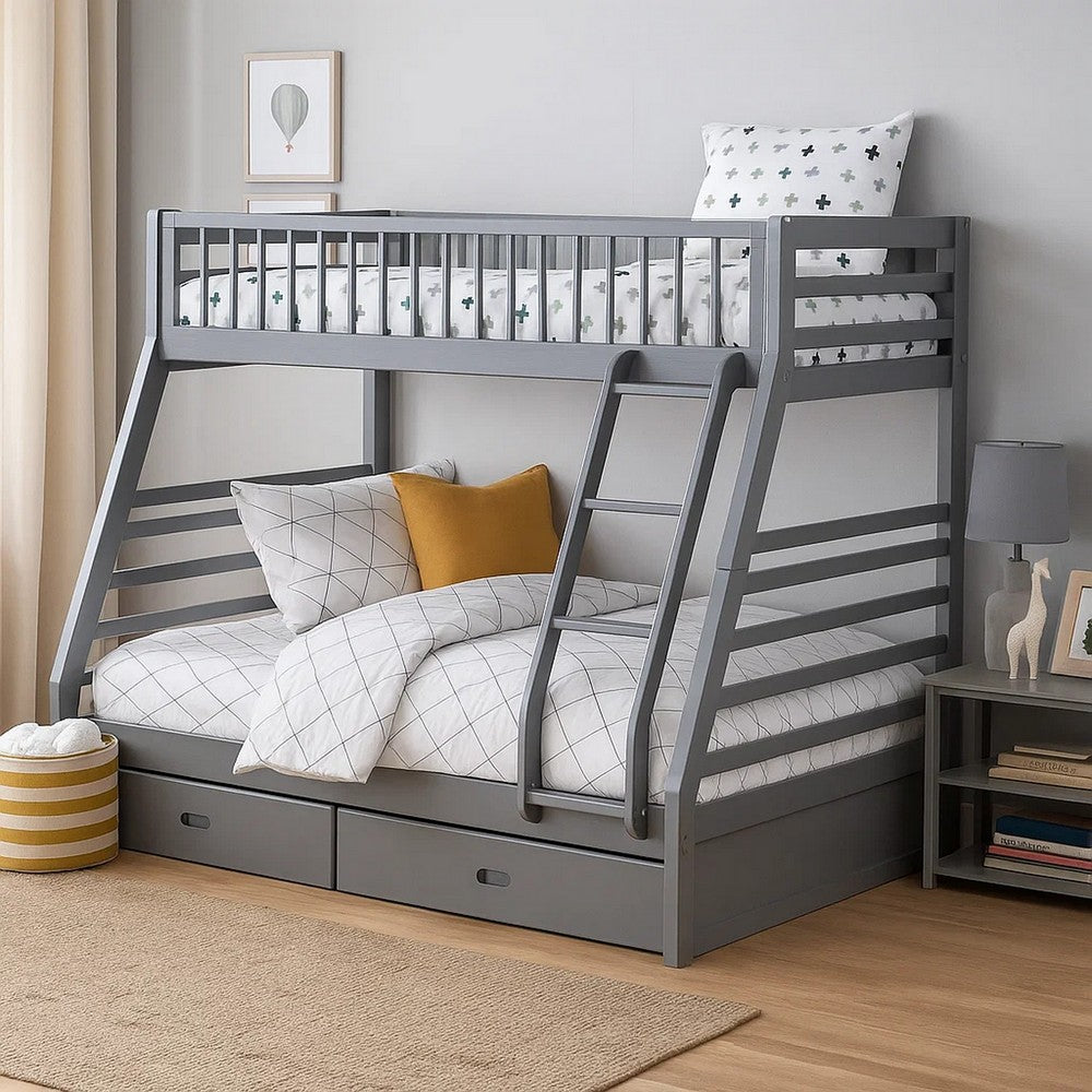 Transitional Twin Size Bunk Bed with Vertical Slats and Angled Ladder,Gray