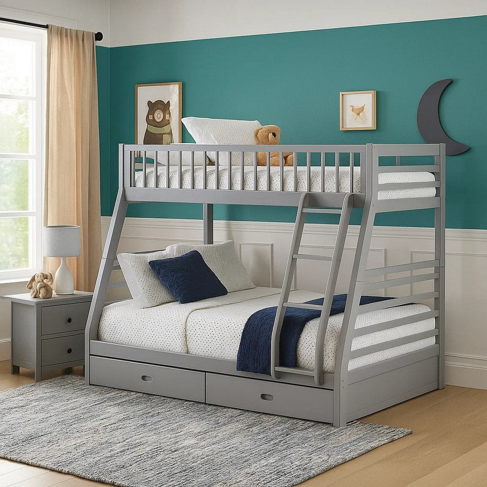 Transitional Twin Size Bunk Bed with Vertical Slats and Angled Ladder,Gray