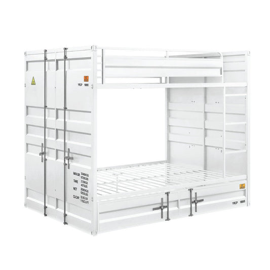 Industrial Style Full Size Bunk Bed with Recessed Panel Design, White