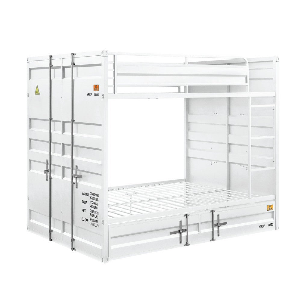 Industrial Style Full Size Bunk Bed with Recessed Panel Design, White