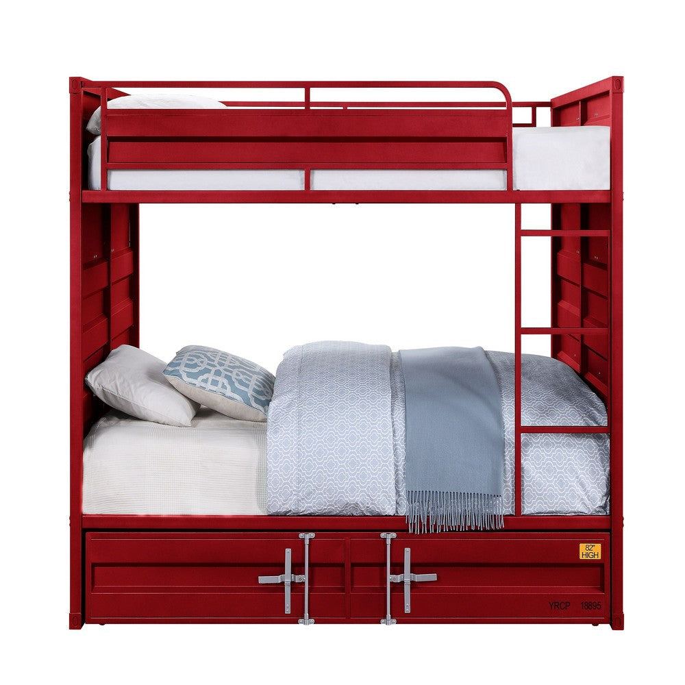 Industrial Style Full Size Bunk Bed with Recessed Panel Design Red