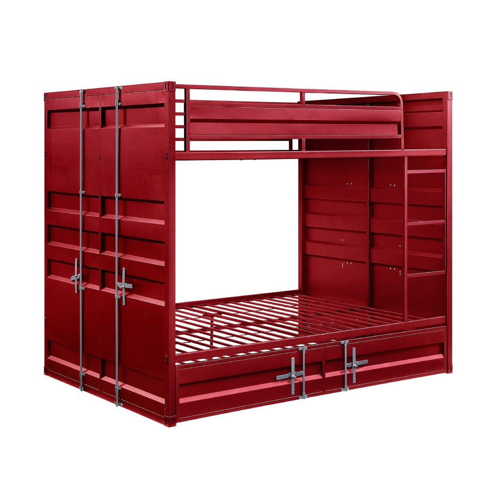 Industrial Style Full Size Bunk Bed with Recessed Panel Design, Red