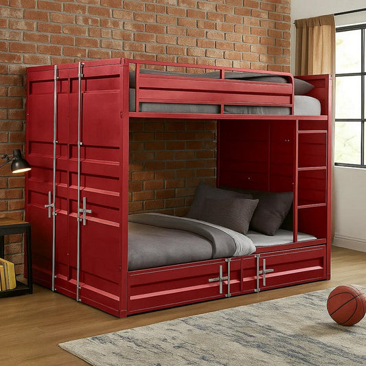 Industrial Style Full Size Bunk Bed with Recessed Panel Design, Red