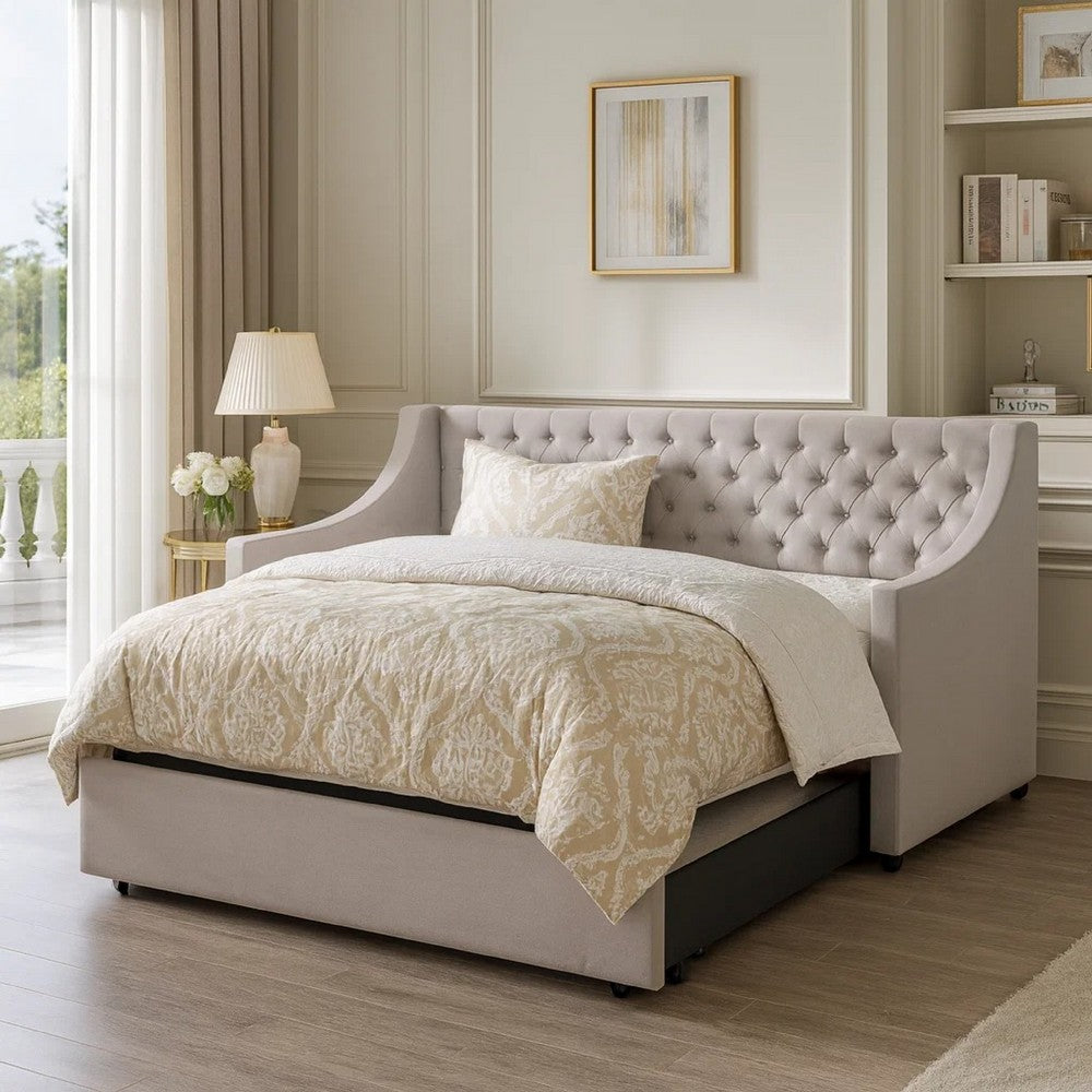 Daybed | Twin Size | Button Tufted | Sloped Arms | Light Gray