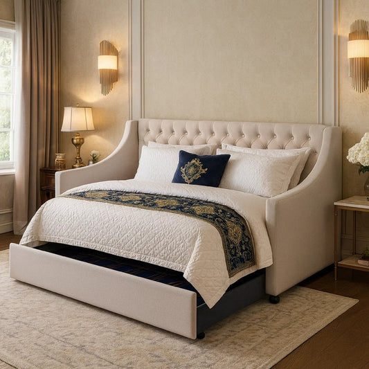 Daybed | Twin Size | Button Tufted | Sloped Arms | Light Gray