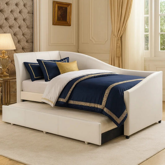 Daybed with Trundle | Faux Leather | Sloped Back | Twin Size | White