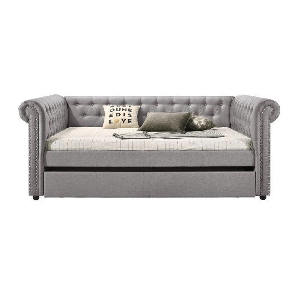 Chesterfield Twin Size Daybed with Attached Trundle and Nailhead Trims,Gray BM214912