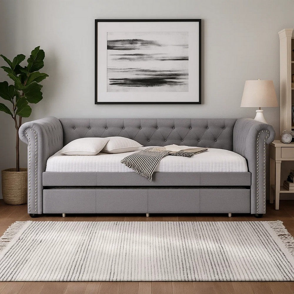 Chesterfield Twin Size Daybed with Attached Trundle and Nailhead Trims,Gray
