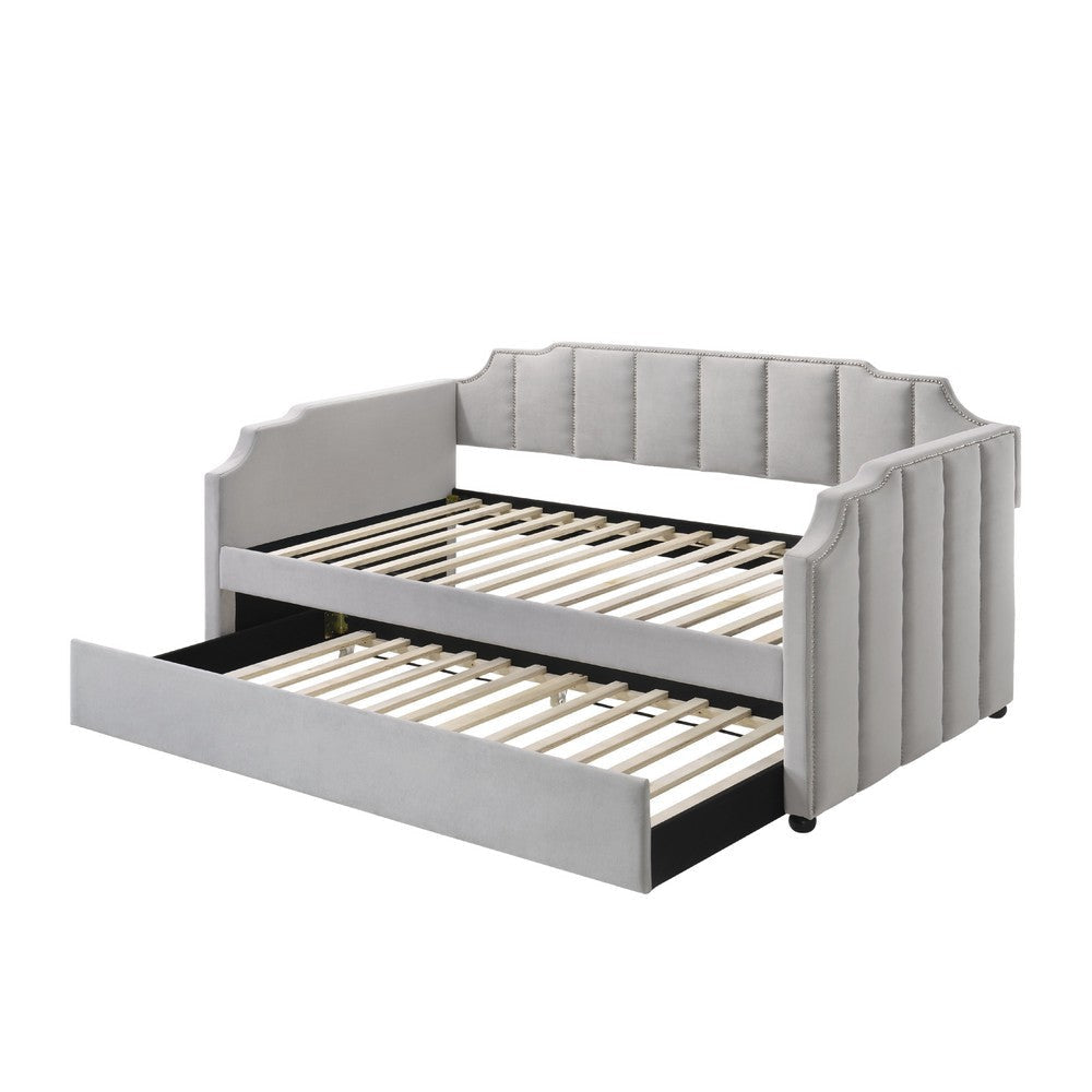 Fabric Twin Size Daybed with Channel Tufting and Nailhead Trim Gray BM214913