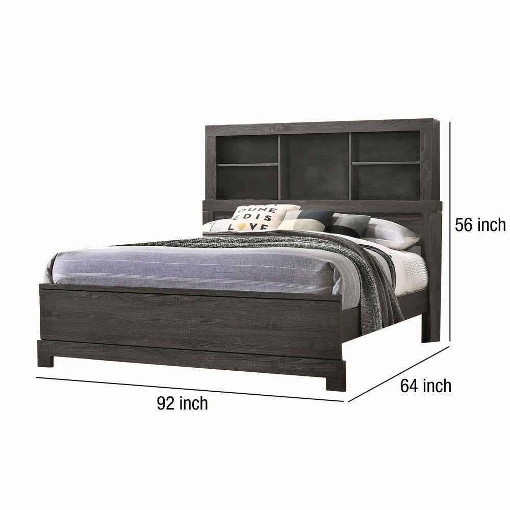 Wooden Queen Size Low Profile Size Bed with Bookcase Headboard Gray By Casagear Home BM214926