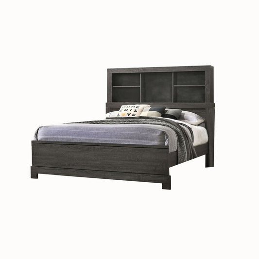 Queen Bed | Low Profile | Bookcase Headboard | Wood | Gray