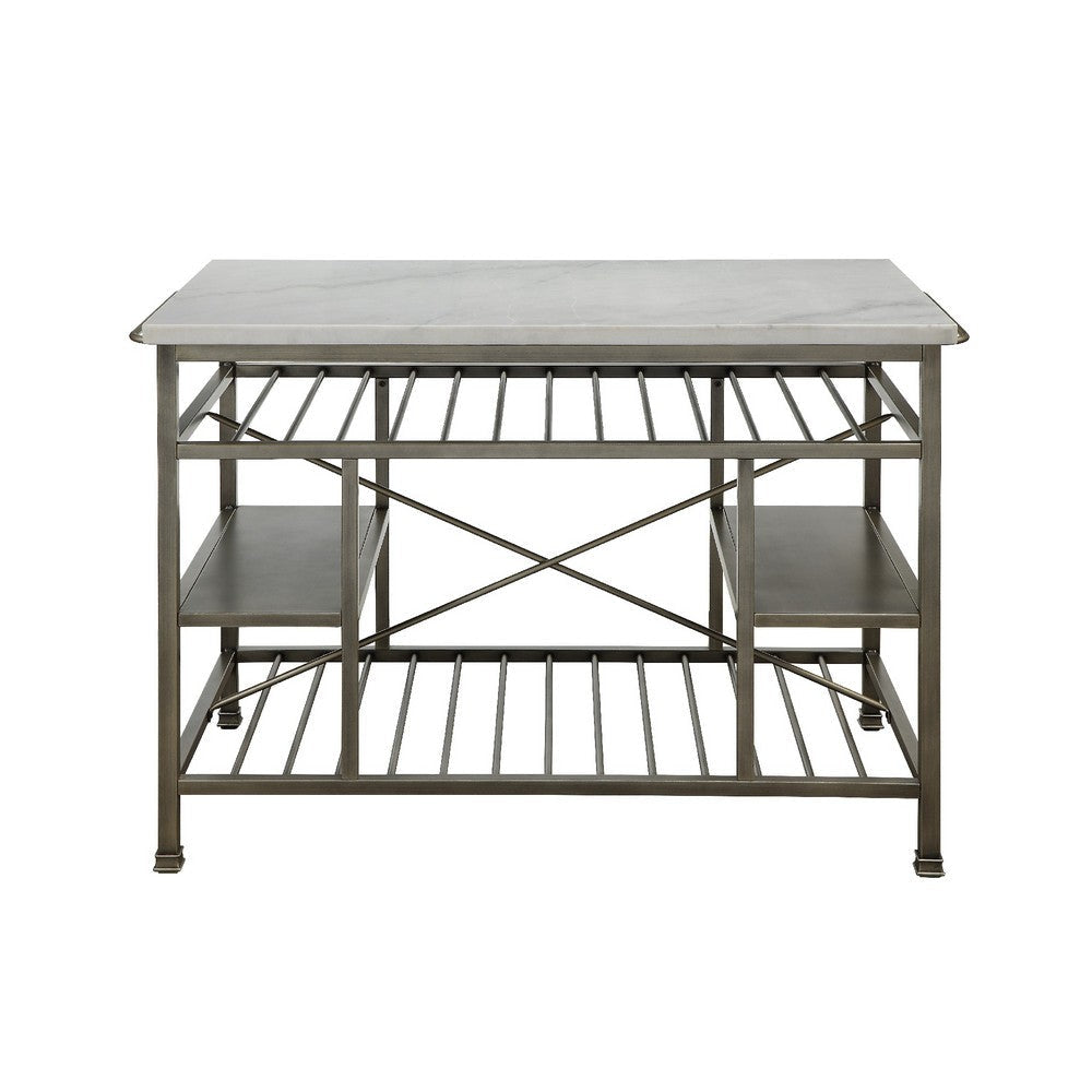 Marble Top Metal Kitchen Island with 2 Slated Shelves Gray and White By Casagear Home BM214991