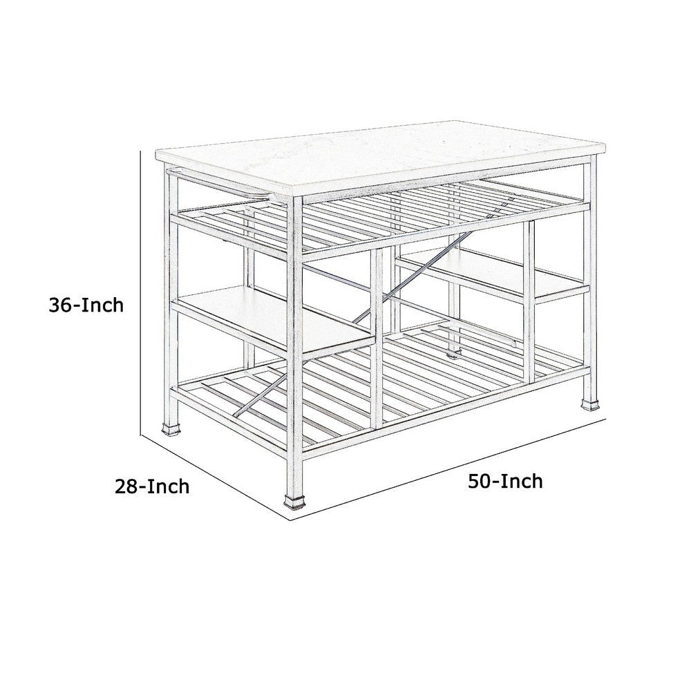 Marble Top Metal Kitchen Island with 2 Slated Shelves Gray and White By Casagear Home BM214991