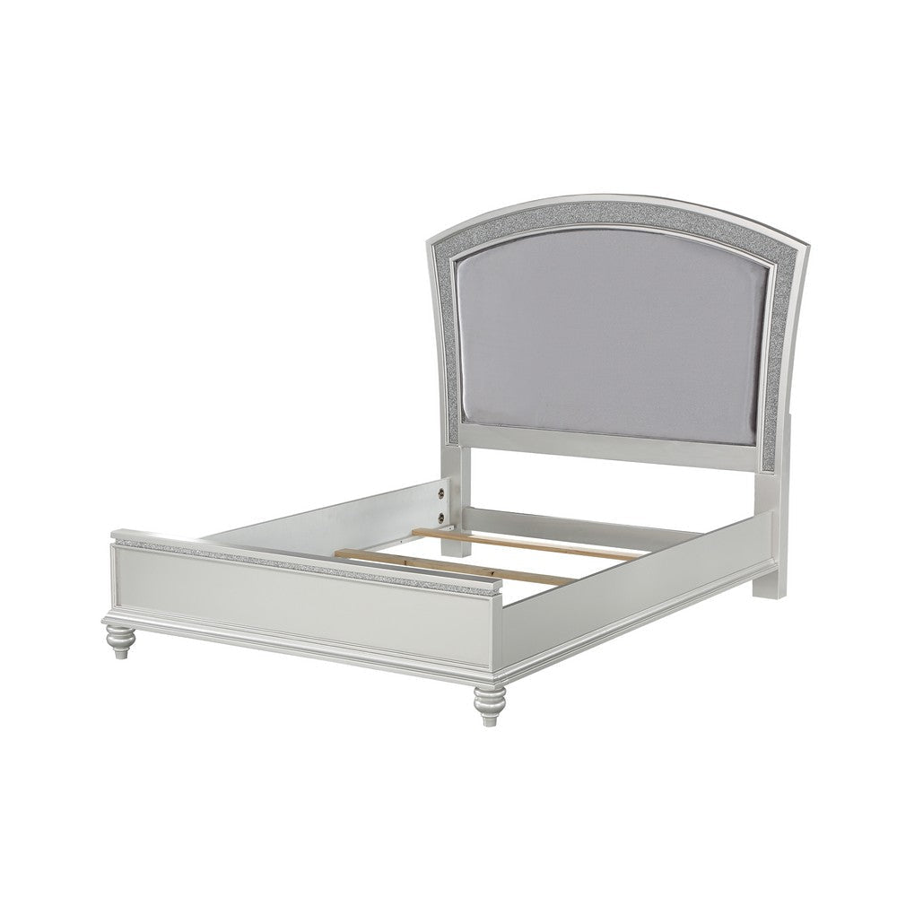 Queen Size Bed with Padded and Rhinestones Inlay Headboard, Gray and White