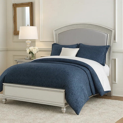 Queen Size Bed with Padded and Rhinestones Inlay Headboard, Gray and White