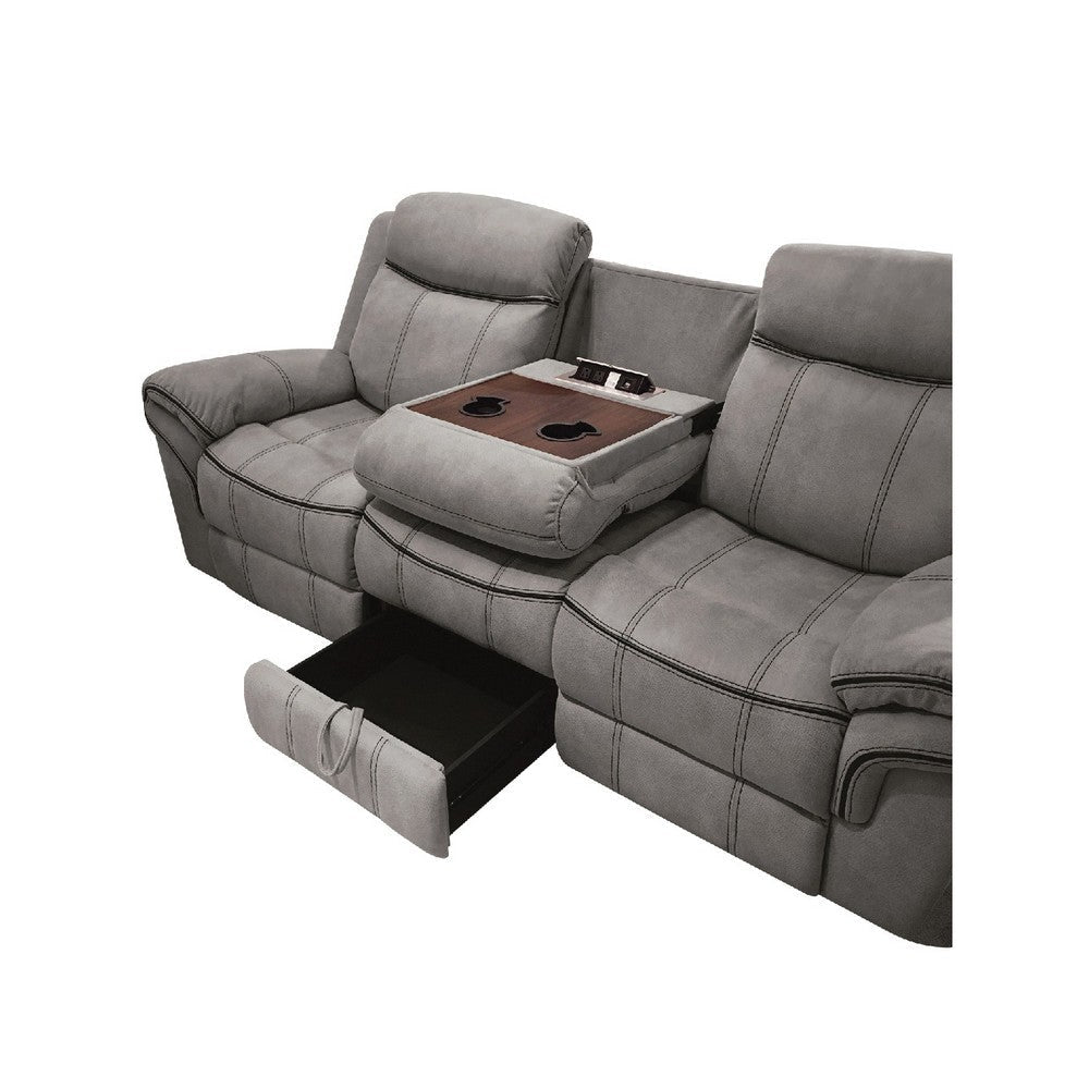 87 Inch Motion Sofa 2 USB Docks Cup Holders Console Storage Gray Velvet By Casagear Home BM214999