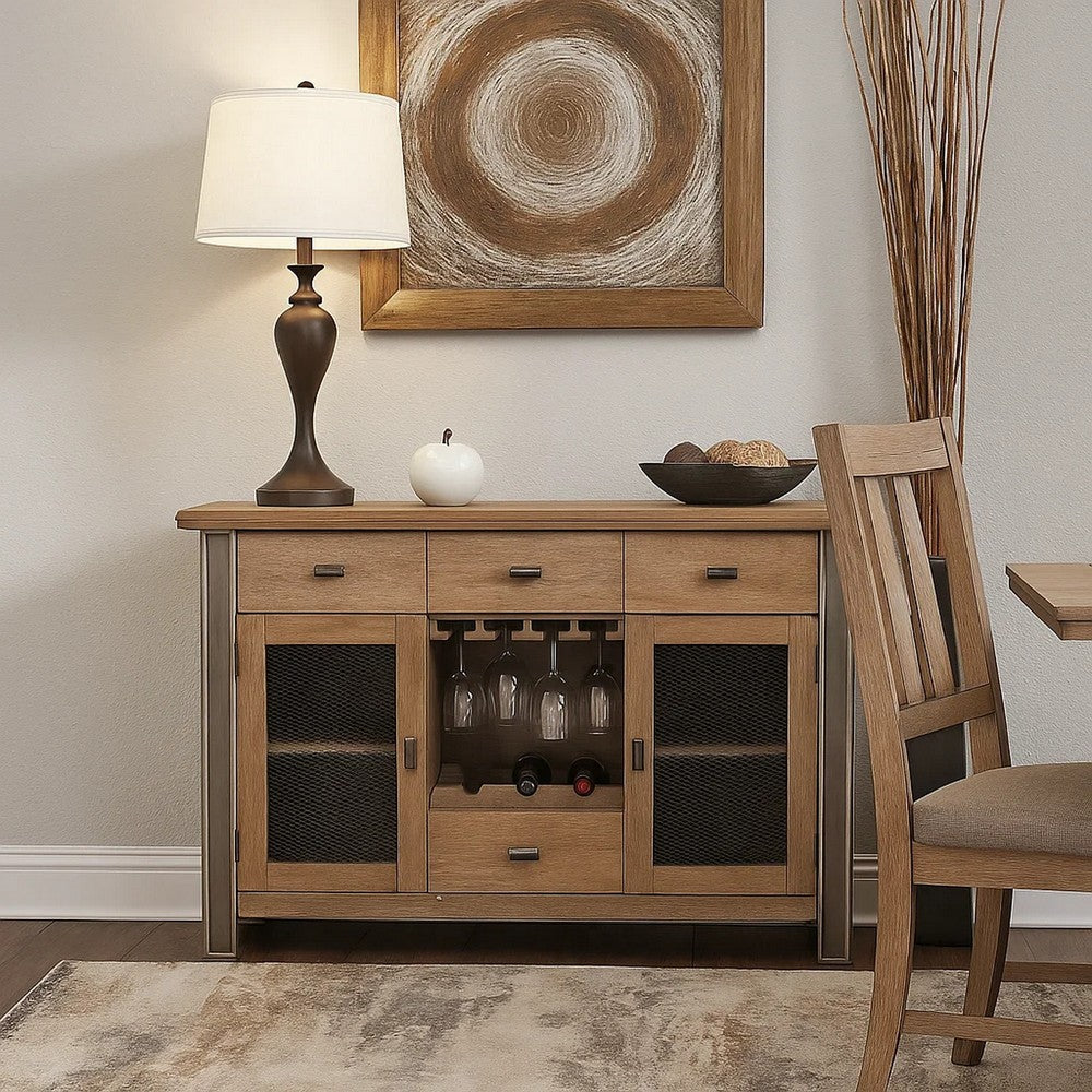 Transitional Server with Mesh Metal Doors and Stemware Storage, Brown