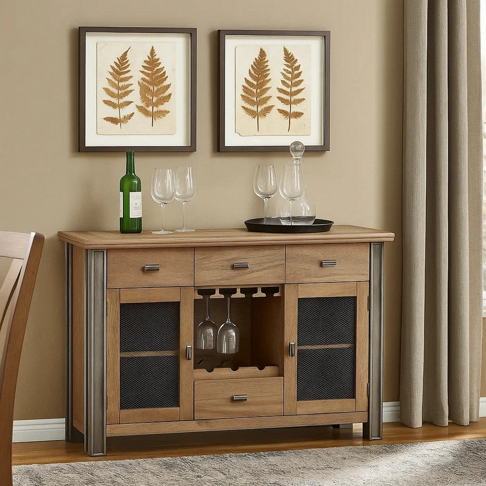 Transitional Server with Mesh Metal Doors and Stemware Storage, Brown