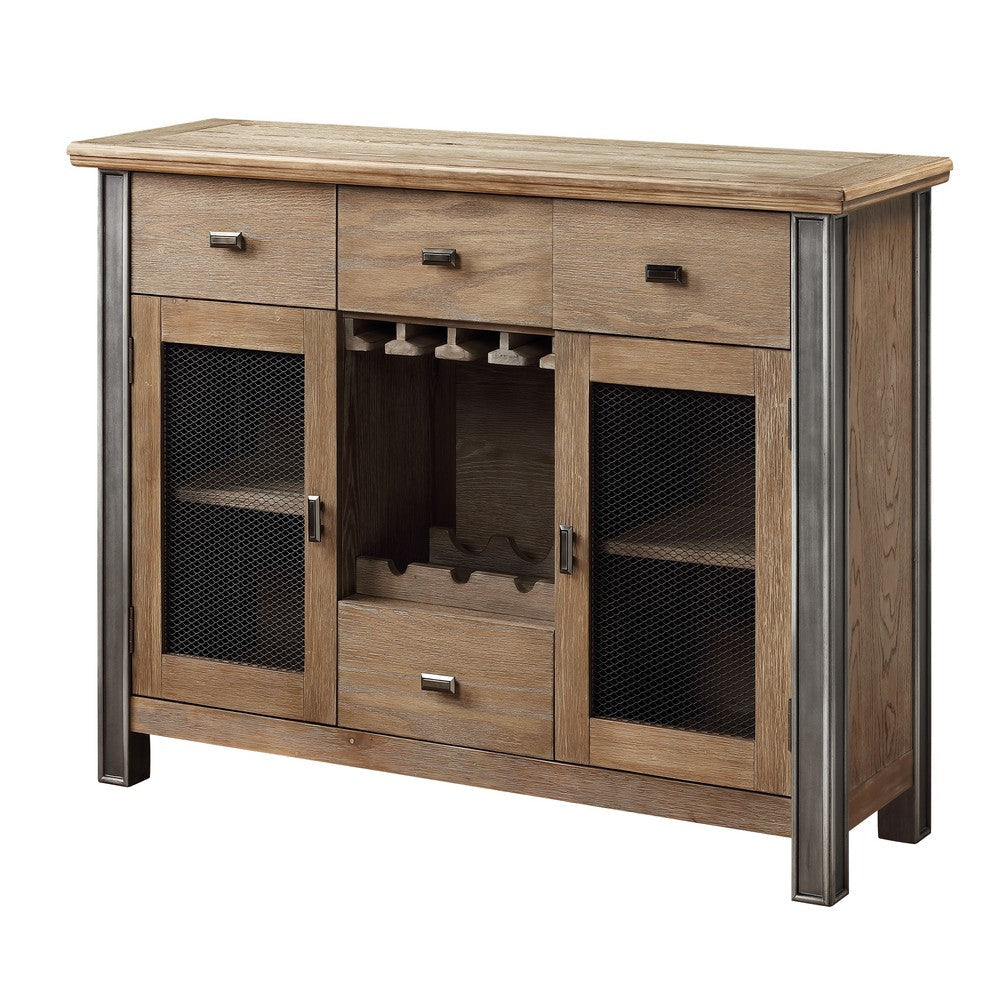 Transitional Server with Mesh Metal Doors and Stemware Storage, Brown