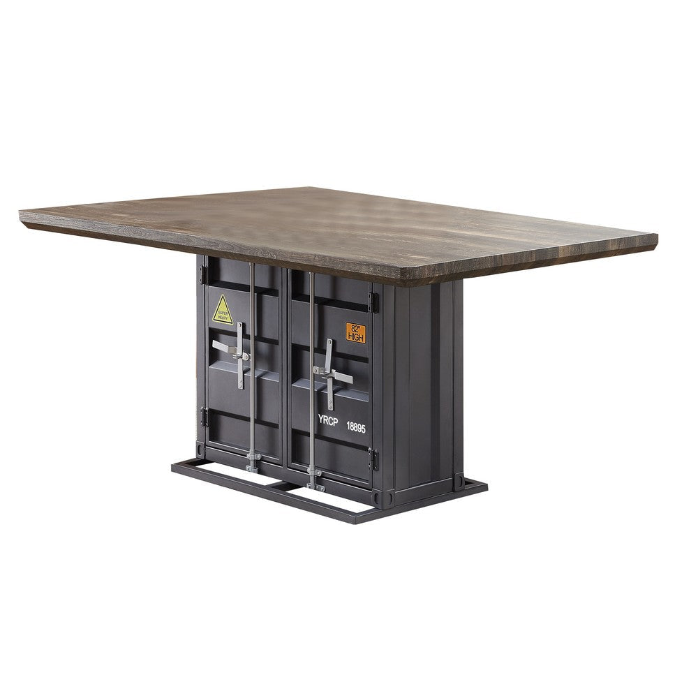 Industrial Dining Table with Metal Base and Recessed Panels, White and Gray By Casagear Home