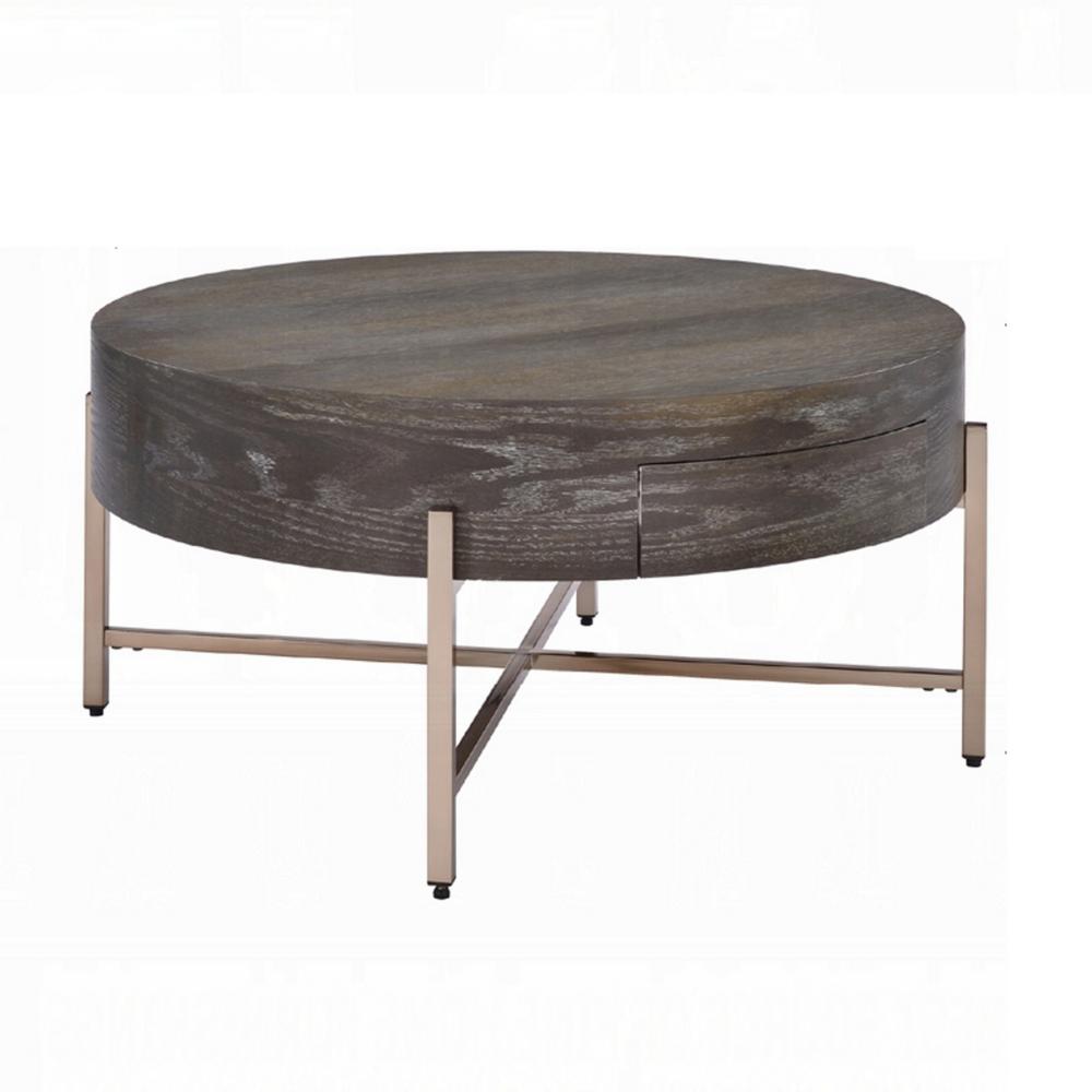 Coffee Table | 1 Drawer | Round | Crossed Metal Legs | Brown & Gold BM215037