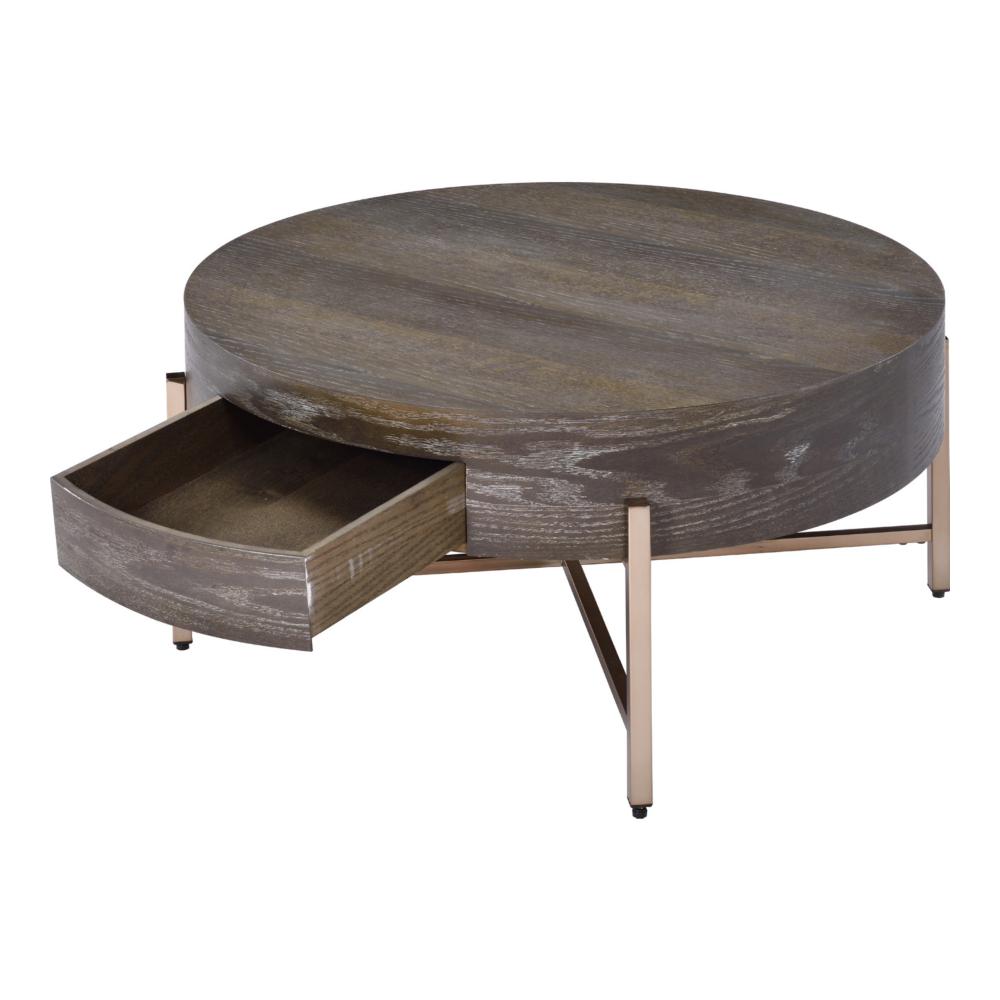 Coffee Table | 1 Drawer | Round | Crossed Metal Legs | Brown & Gold BM215037
