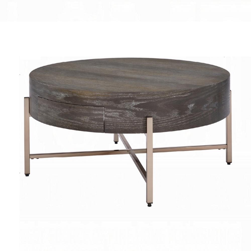 Coffee Table | 1 Drawer | Round | Crossed Metal Legs | Brown & Gold BM215037