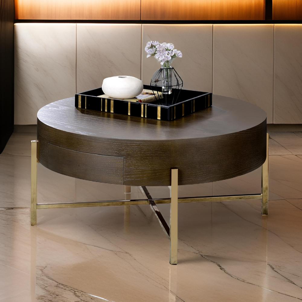 Coffee Table | 1 Drawer | Round | Crossed Metal Legs | Brown & Gold