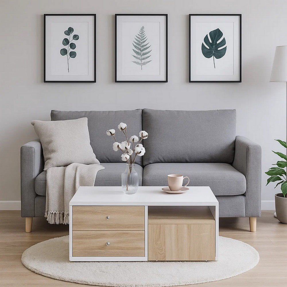 2 Drawer Contemporary Coffee Table with Pull Out Table, White and Brown