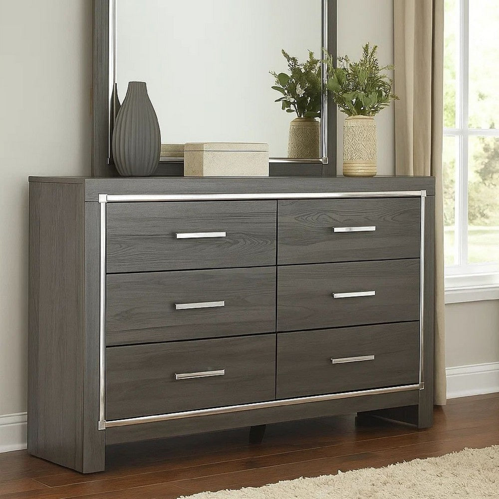 Dresser | Wood | 6 Drawers | Mirror Inserts | Grained Gray BM215070