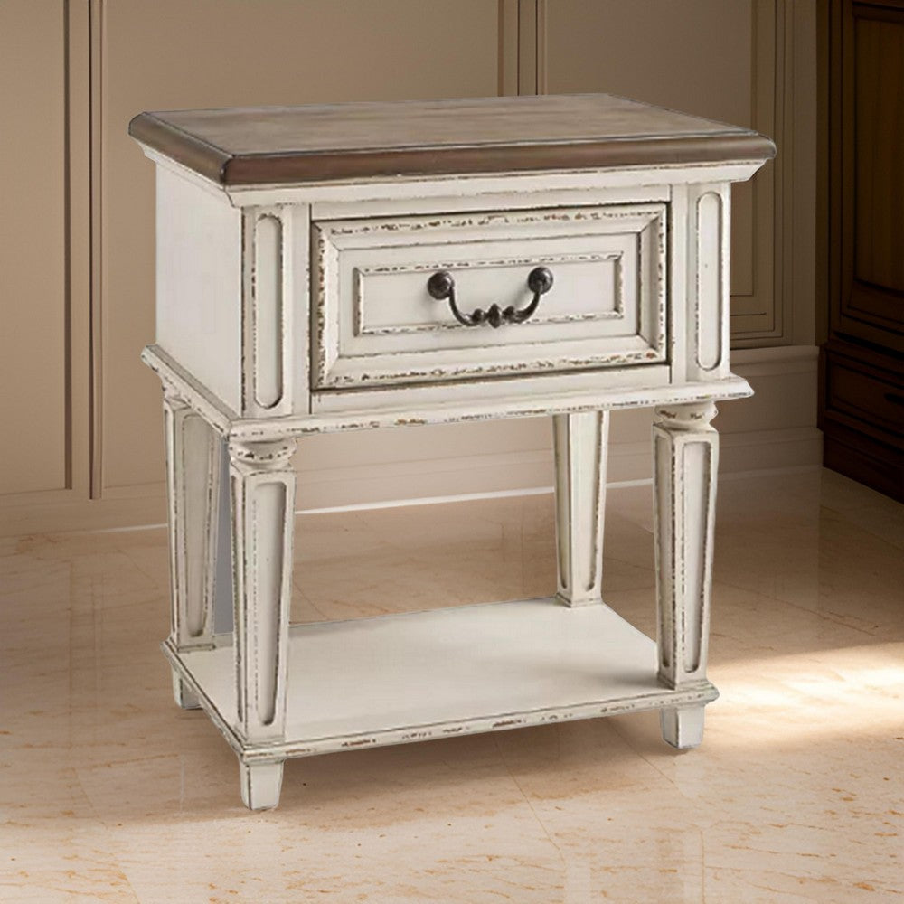 Nightstand | 1 Drawer | Tapered Legs | Brown & Antique White