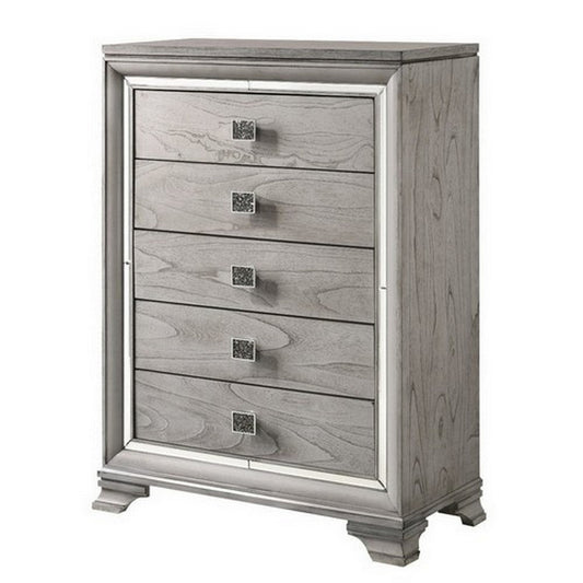 Tall Dresser Chest | 5 Drawer | Square Crystal Knobs | Gray & Silver